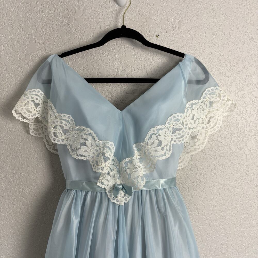 Vintage 70s Prairie Maxi Dress Gown Chiffon Lace Ruffles Light Blue Size XS - Picture 4 of 12